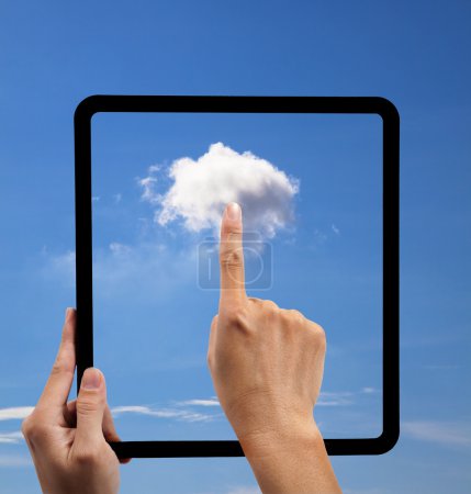 Cloud computing and touch pad concept. hand holding black empty frame and t