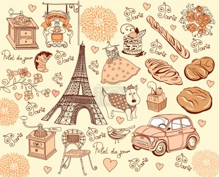 Collection symbols of Paris. Hand drawing.