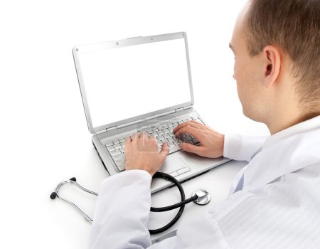 Rear view of a young doctor with laptop