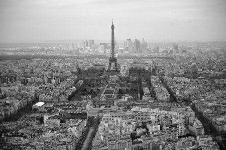 Black and white photo of aerial view Paris, France