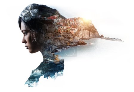 Double exposure portrait of a woman and view of Manarola