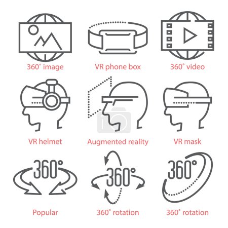 Vector thin line icons set with 360 Degree View Icons, virtual r