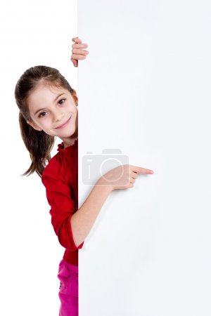 Girl pointing fingher on holding empty board