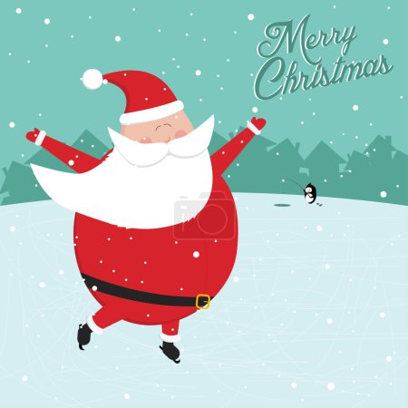 Funny vintage merry christmas postcard with Santa Claus skating