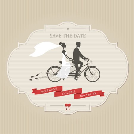 Funny wedding invitation with bride and groom riding tandem bicycle