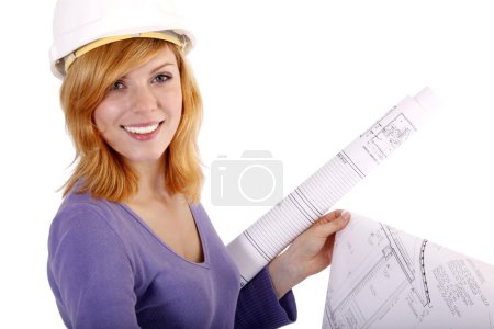 Woman with helmet and blueprint