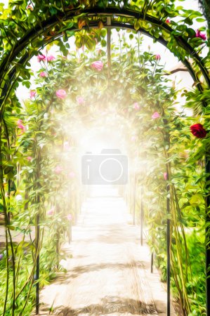 Flower garden with arches decorated with roses.