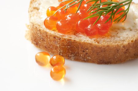 Sandwich with red caviar close up