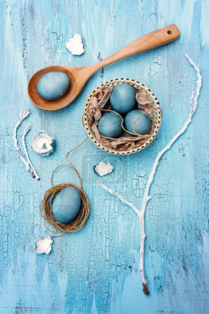 Blue easter eggs still life