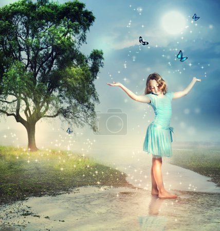 Girl with Blue Butterflies at a Magical Brook