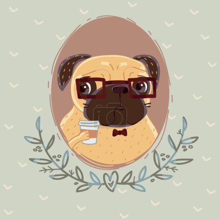 Pug hipster with cup of coffee