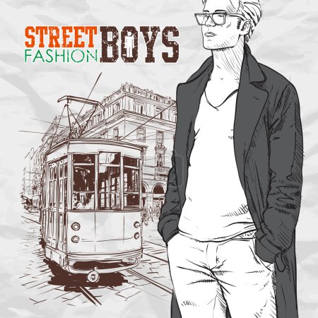 Vector illustration of a stylish guy and old tram.