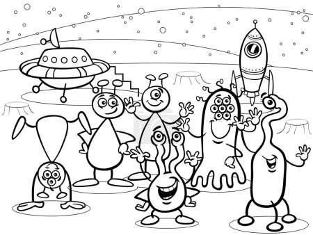 cartoon ufo aliens group coloring book