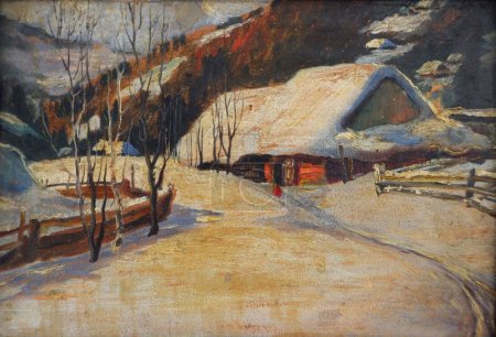Small house in winter village, oil painting