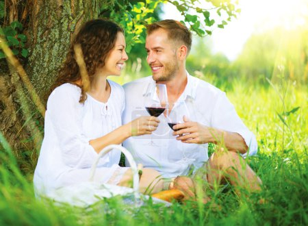 Picnic. Young Couple relaxing and drinking Wine in a Park