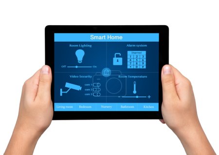 isolated men hands hold a tablet with system smart house on the 