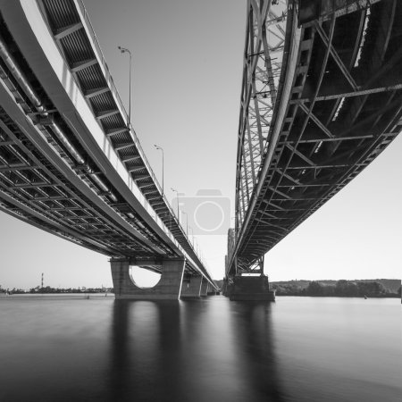 Bridges in Kiev through fisheye lens. Black and white.