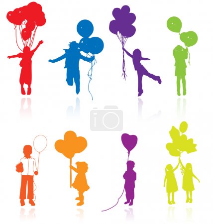 Colored reflecting silhouettes of playing, jumping children with