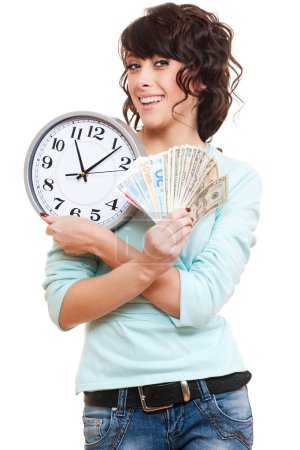 Woman holding money and clock