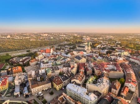 Lublin - old city from the bird's eye view. Monuments of Lublin: Trinitarian tower, Po Farze Square, Old Crown Court.