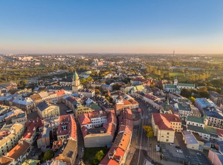 Lublin from the bird's eye view. Landscape of the old town with Trinitarian tower and Krakowska Gate.