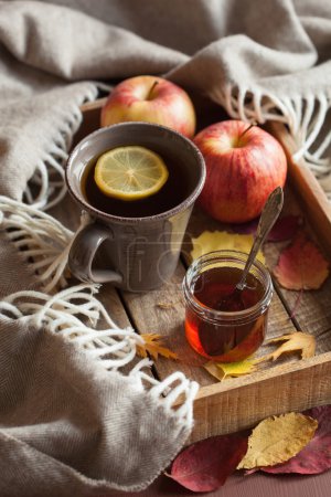 hot lemon honey tea warming drink scarf cozy autumn leaves