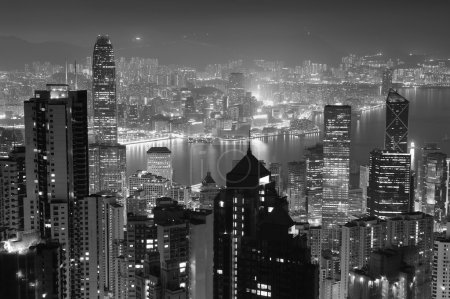 Hong Kong at night in black and white