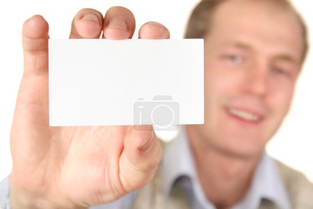 Man with card for text