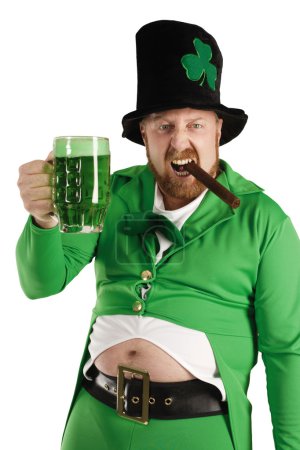 Leprechaun hoisting a green beer