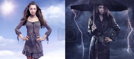 Conceptual photo of a spring woman versus sad autumn lady