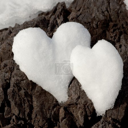 Two snow hearts on rock