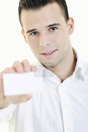 Business man with empty card isolated