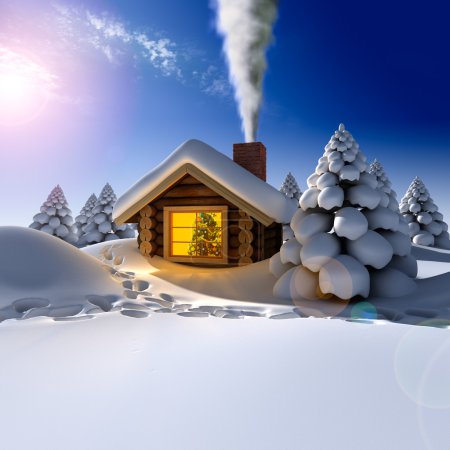 A small wooden house in a fantastic snow forest on the eve of Ne
