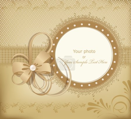 Gold vector greeting wedding frame for photo with a bow, pearls