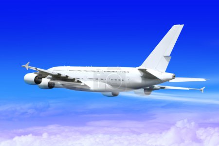 Big passenger airplane in the blue sky landing away