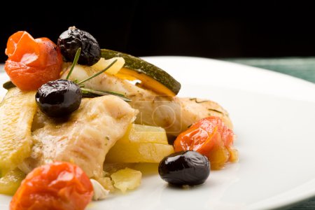 Baked Cod with olives and tomatoes