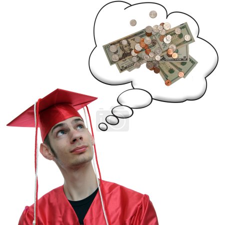Highschool, university, or college graduate thinks about the debt he has and the money he will soon obtain now that he has a degree.