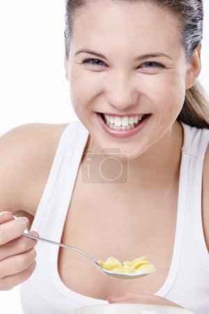 Laughing girl lunch on a white background