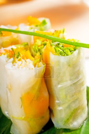 Fresh tipycal vietnamese style summer rolls,on a palm leaf