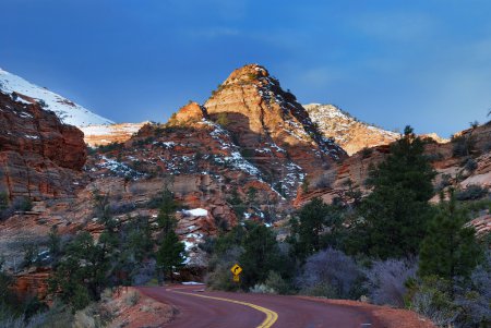 Zion National Park with road and snow