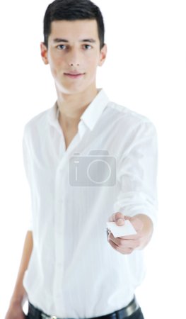 Young businessman with empty white card