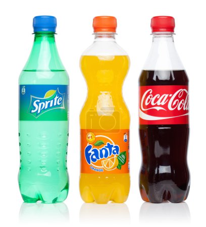  Coca-Cola, Fanta and Sprite bottles on the white background.