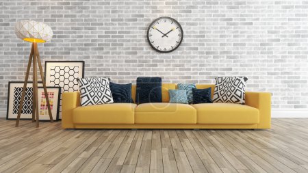 living room with big watch on white brick wall 3d rendering