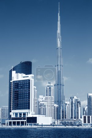 Vertical view of Dubai skyline, special photographic processing