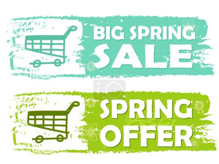 big spring sale and offer with shopping cart signs, green drawn 