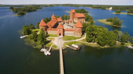 AERIAL. Old castle in Trakai from the sky, summer day shot