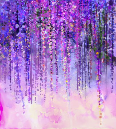 Abstract violet, red and yellow color flowers. Watercolor painting. Spring purple flowers Wisteria in blossom with bokeh background
