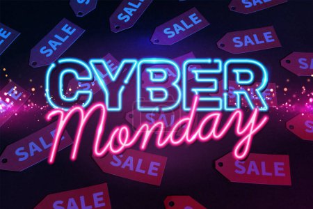neon cyber monday lettering near red labels on black background