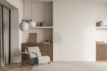 Beige living room interior, having symmetric niches with wood basement ledges, open shelves, curtains, a rug and two lamps over an armchair. Parquet. A concept of modern house design. 3d rendering