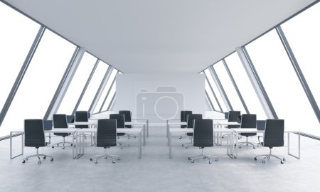 Workplaces in a bright modern open space loft office. White tables and black chairs. White copy space in the panoramic windows. 3D rendering.